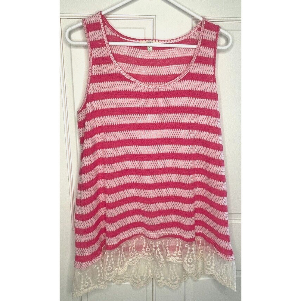 Kora America Women's Lace Trim Knit Tank Sz L Stripe Boho Colorful Dopamine